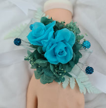 Load image into Gallery viewer, Preserved flowers corsage, turquoise, teal & mint w crystals – school formal, prom, graduation, wedding