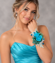 Load image into Gallery viewer, Preserved flowers corsage, turquoise, teal & mint w crystals – school formal, prom, graduation, wedding