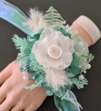 Load image into Gallery viewer, Teal, mint & white preserved flowers corsage w pearls - School formal, prom, graduation, wedding