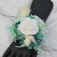 Load image into Gallery viewer, Teal, mint & white preserved flowers corsage w pearls - School formal, prom, graduation, wedding