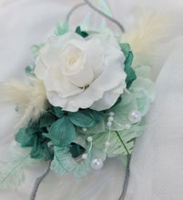 Load image into Gallery viewer, Teal, mint & white preserved flowers corsage w pearls - School formal, prom, graduation, wedding