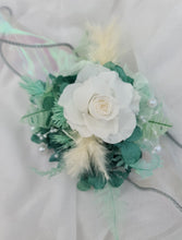 Load image into Gallery viewer, Teal, mint & white preserved flowers corsage w pearls - School formal, prom, graduation, wedding