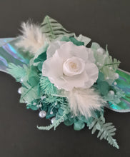 Load image into Gallery viewer, Teal, mint & white preserved flowers corsage w pearls - School formal, prom, graduation, wedding