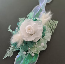 Load image into Gallery viewer, Teal, mint & white preserved flowers corsage w pearls - School formal, prom, graduation, wedding