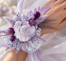 Load image into Gallery viewer, Preserved peony violet purple corsage metallic ribbon - School formal, prom, graduation, wedding
