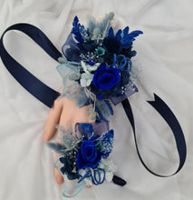Load image into Gallery viewer, Preserved rose blue corsage & buttonhole set - School formal, prom, graduation, wedding