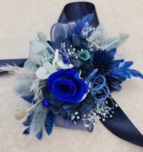 Load image into Gallery viewer, Preserved rose blue corsage & buttonhole set - School formal, prom, graduation, wedding