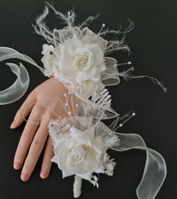 Load image into Gallery viewer, Sassy elegant white corsage & buttonhole set w pearls - School formal, prom, graduation, wedding