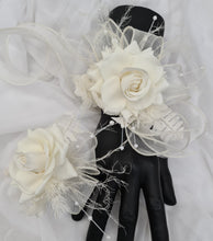 Load image into Gallery viewer, Sassy elegant white corsage & buttonhole set w pearls - School formal, prom, graduation, wedding