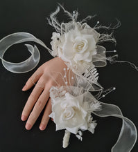 Load image into Gallery viewer, Sassy elegant white corsage & buttonhole set w pearls - School formal, prom, graduation, wedding