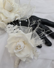 Load image into Gallery viewer, Sassy elegant white corsage & buttonhole set w pearls - School formal, prom, graduation, wedding