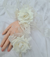 Load image into Gallery viewer, Sassy elegant white corsage & buttonhole set w pearls - School formal, prom, graduation, wedding