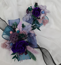 Load image into Gallery viewer, Multicoloured preserved flowers n crystals corsage & buttonhole set - School formal, prom, graduation, wedding
