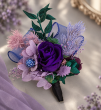 Load image into Gallery viewer, Multicoloured preserved flowers n crystals corsage & buttonhole set - School formal, prom, graduation, wedding