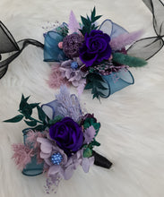 Load image into Gallery viewer, Multicoloured preserved flowers n crystals corsage & buttonhole set - School formal, prom, graduation, wedding
