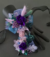 Load image into Gallery viewer, Multicoloured preserved flowers n crystals corsage & buttonhole set - School formal, prom, graduation, wedding