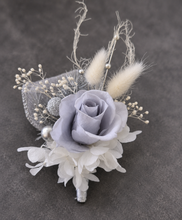 Load image into Gallery viewer, Preserved flowers snap lock corsage & buttonhole - silver, grey & white - School formal, prom, graduation, wedding