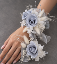 Load image into Gallery viewer, Preserved flowers snap lock corsage & buttonhole - silver, grey & white - School formal, prom, graduation, wedding