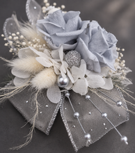 Load image into Gallery viewer, Preserved flowers snap lock corsage & buttonhole - silver, grey & white - School formal, prom, graduation, wedding
