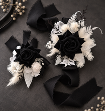 Load image into Gallery viewer, Black & white everlasting flowers corsage & boutonniere - School formal, prom, graduation, wedding