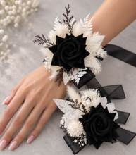 Load image into Gallery viewer, Black & white everlasting flowers corsage & boutonniere - School formal, prom, graduation, wedding