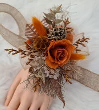 Load image into Gallery viewer, Orange gold rustic preserved flowers corsage & boutonniere set - School formal, prom, graduation, wedding