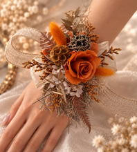Load image into Gallery viewer, Orange gold rustic preserved flowers corsage & boutonniere set - School formal, prom, graduation, wedding