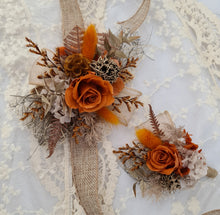 Load image into Gallery viewer, Orange gold rustic preserved flowers corsage & boutonniere set - School formal, prom, graduation, wedding