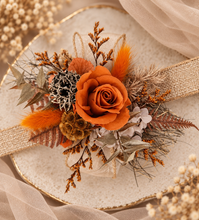 Load image into Gallery viewer, Orange gold rustic preserved flowers corsage & boutonniere set - School formal, prom, graduation, wedding