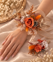 Load image into Gallery viewer, Orange gold rustic preserved flowers corsage & boutonniere set - School formal, prom, graduation, wedding