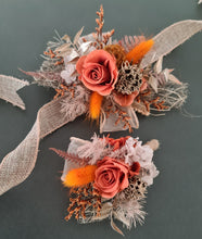 Load image into Gallery viewer, Orange gold rustic preserved flowers corsage & boutonniere set - School formal, prom, graduation, wedding
