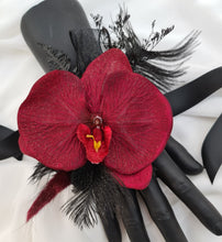 Load image into Gallery viewer, Elegant burgundy orchid corsage w gold glitter & black feathers - School formal, prom, graduation, wedding
