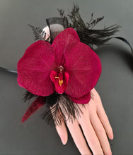 Load image into Gallery viewer, Elegant burgundy orchid corsage w gold glitter & black feathers - School formal, prom, graduation, wedding