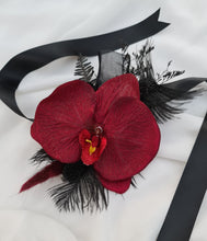 Load image into Gallery viewer, Elegant burgundy orchid corsage w gold glitter & black feathers - School formal, prom, graduation, wedding