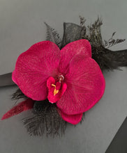 Load image into Gallery viewer, Elegant burgundy orchid corsage w gold glitter & black feathers - School formal, prom, graduation, wedding
