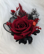 Load image into Gallery viewer, Burgundy black everlasting flowers corsage & boutonniere set w red glitter - School formal, prom, graduation, wedding