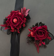 Load image into Gallery viewer, Burgundy black everlasting flowers corsage & boutonniere set w red glitter - School formal, prom, graduation, wedding