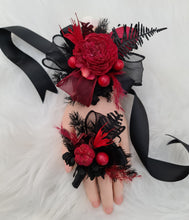 Load image into Gallery viewer, Burgundy black everlasting flowers corsage & boutonniere set - School formal, prom, graduation, wedding