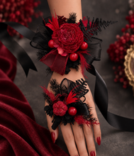 Load image into Gallery viewer, Burgundy black everlasting flowers corsage & boutonniere set - School formal, prom, graduation, wedding