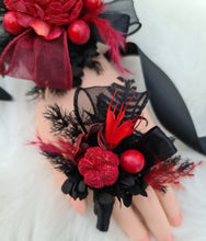 Load image into Gallery viewer, Burgundy black everlasting flowers corsage & boutonniere set - School formal, prom, graduation, wedding