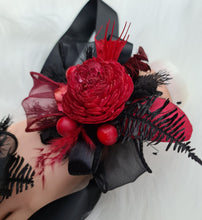Load image into Gallery viewer, Burgundy black everlasting flowers corsage & boutonniere set - School formal, prom, graduation, wedding