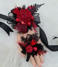 Load image into Gallery viewer, Burgundy black everlasting flowers corsage & boutonniere set - School formal, prom, graduation, wedding