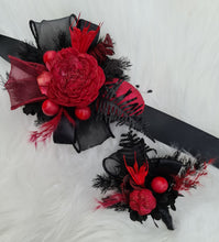 Load image into Gallery viewer, Burgundy black everlasting flowers corsage & boutonniere set - School formal, prom, graduation, wedding