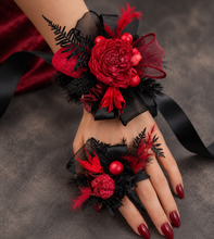 Load image into Gallery viewer, Burgundy black everlasting flowers corsage & boutonniere set - School formal, prom, graduation, wedding