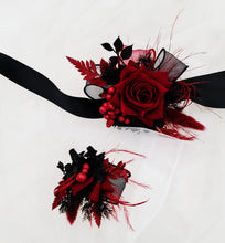 Load image into Gallery viewer, Red & black everlasting flowers corsage & buttonhole set - School formal, prom, graduation, wedding