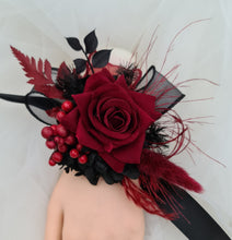 Load image into Gallery viewer, Red & black everlasting flowers corsage & buttonhole set - School formal, prom, graduation, wedding