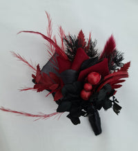 Load image into Gallery viewer, Red & black everlasting flowers corsage & buttonhole set - School formal, prom, graduation, wedding