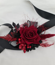 Load image into Gallery viewer, Red & black everlasting flowers corsage & buttonhole set - School formal, prom, graduation, wedding
