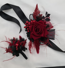 Load image into Gallery viewer, Red & black everlasting flowers corsage & buttonhole set - School formal, prom, graduation, wedding