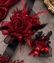 Load image into Gallery viewer, Burgundy & black w gold glitter corsage & buttonhole set - School formal, prom, graduation, wedding